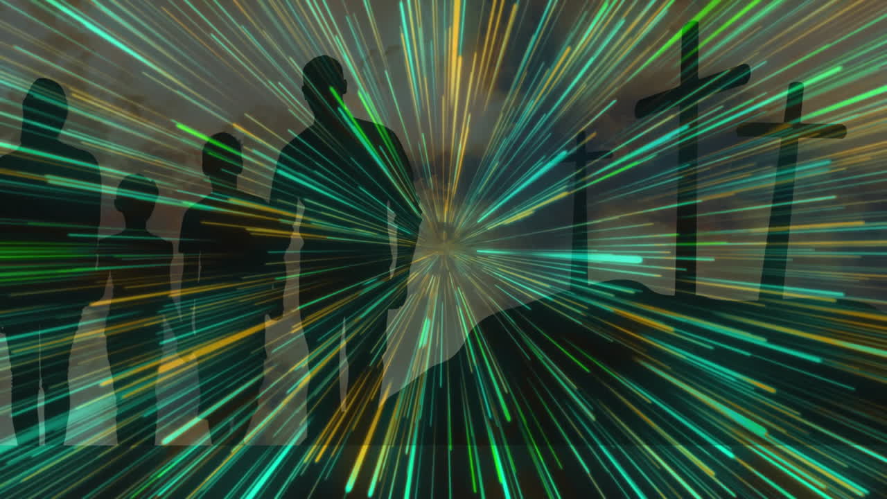 Standing in animation, silhouetted people with vibrant green and blue light streaks
