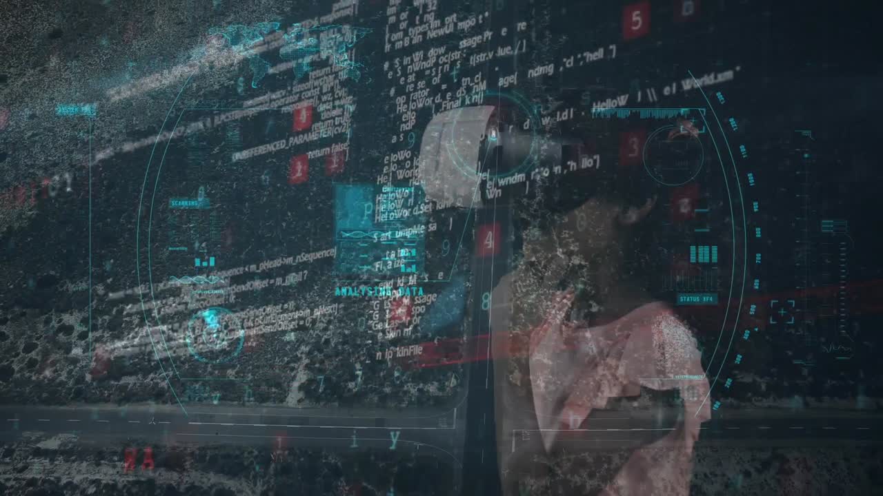 Animation of financial data processing over girl wearing vr headsets