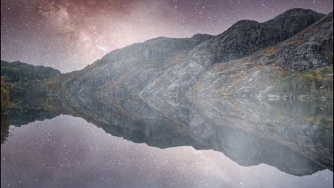 lake and mountains with starry sky and comet