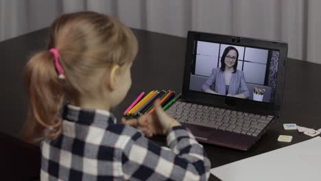 children distance education on laptop. online lesson at home with woman teacher