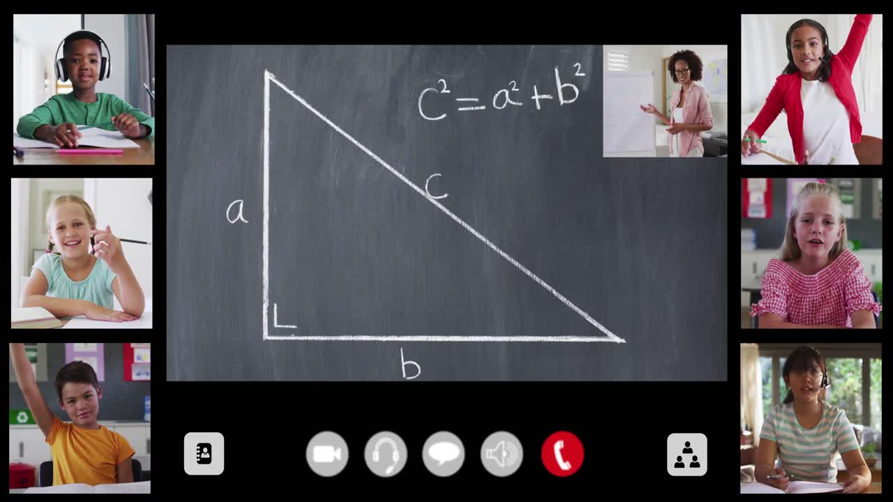 Animation of interface screen with chalkboard, teacher and six diverse children in online lesson