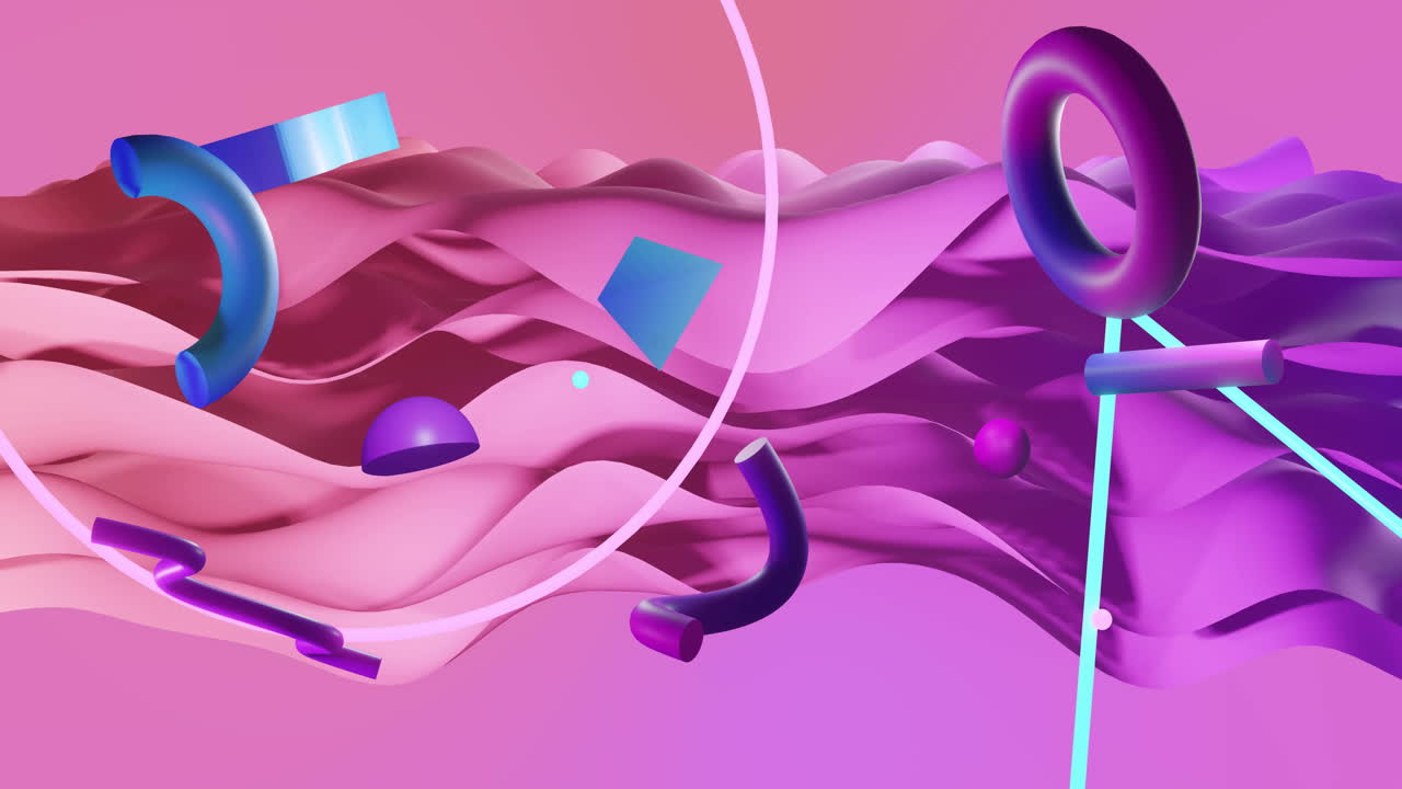Animation of abstract shapes moving over waving pink background