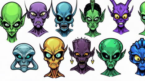 colorful stylized alien and monster heads