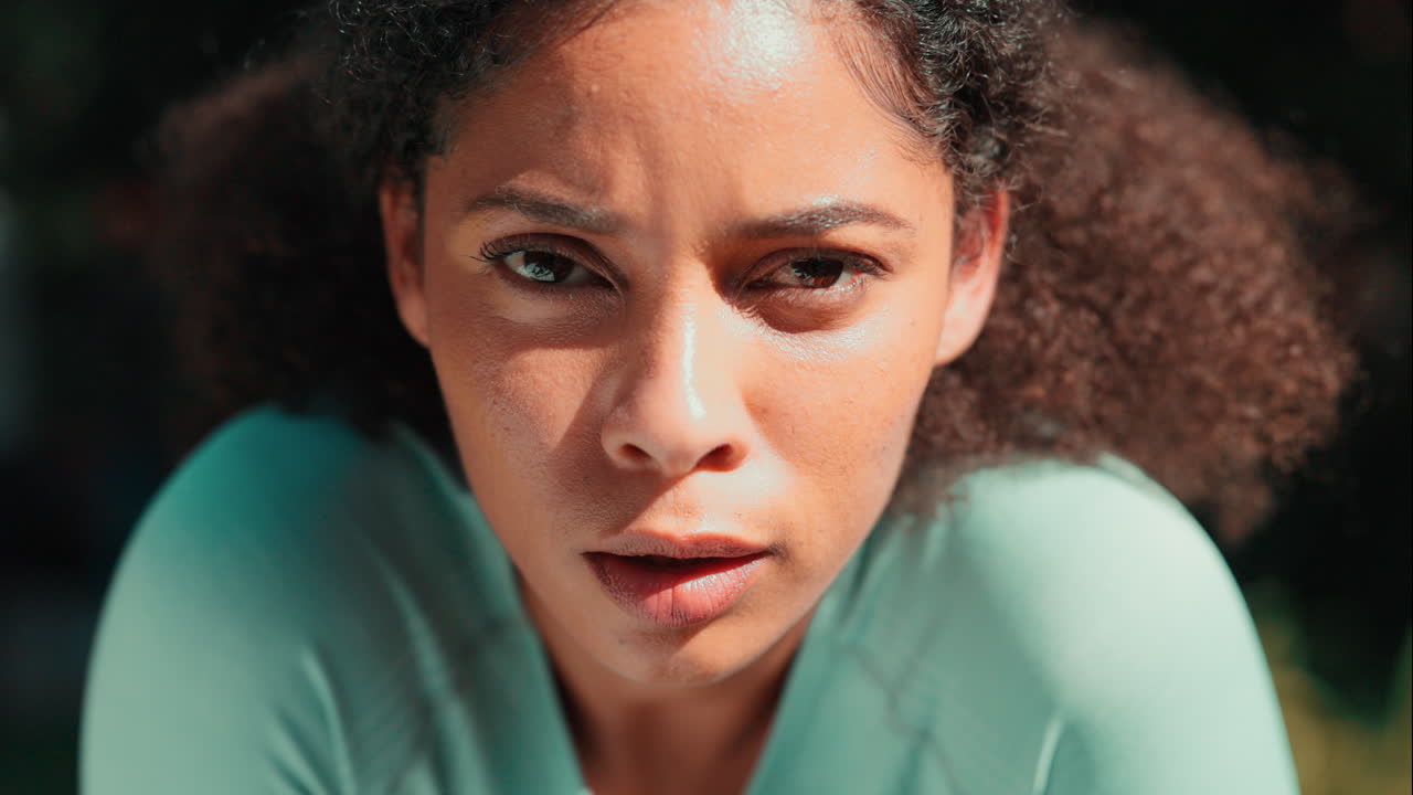 Fitness, woman and face breathing from exercise