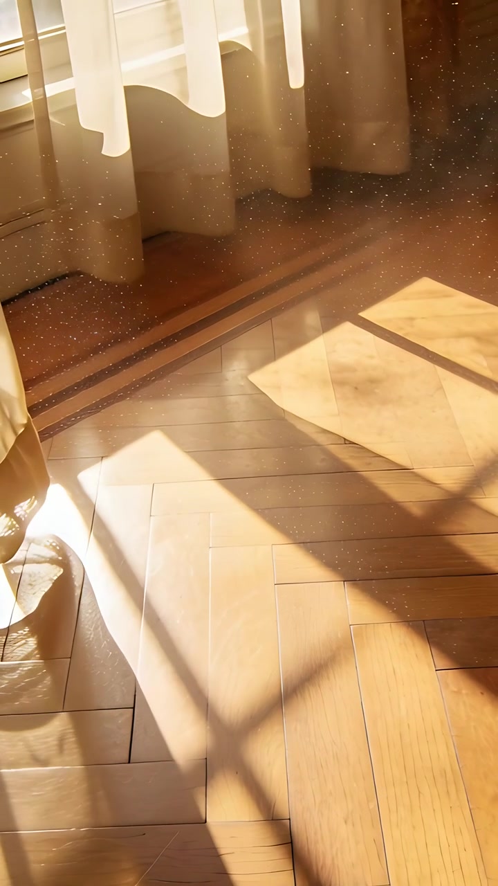 Video verticale: Passi che fanno scivolare gonna e scarpa scura sul pavimento vicino a una macchia di sole dalla finestra, con spazio per il testo
