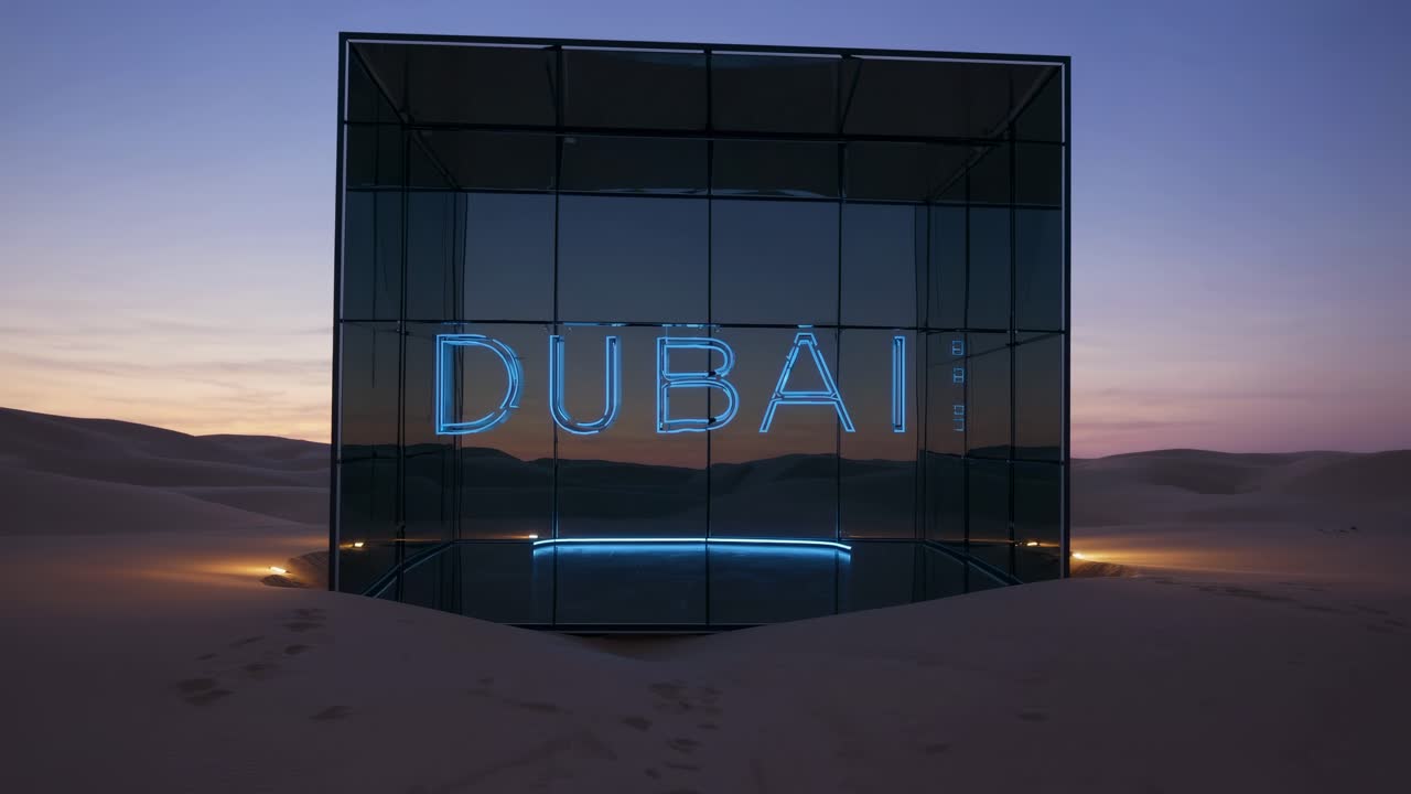 Futuristic glass cube glowing with the word Dubai inside, standing in the middle of the desert at dusk, creating a striking contrast between technology and nature