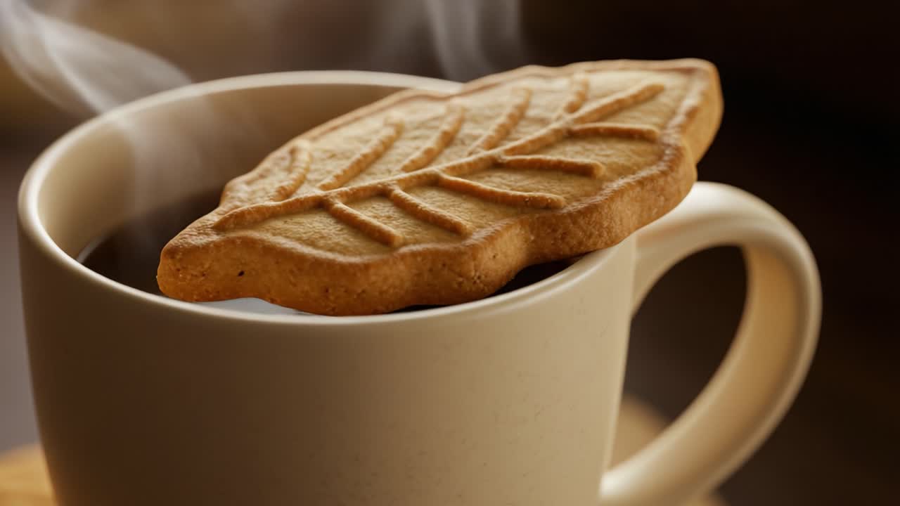 Um Biscoito Deliciosamente Quente em Forma de Folha Repousando em uma Xícara Fumegante de Café Aromático, Perfeito para um Momento Aconchegante ou Indulgência da Tarde.