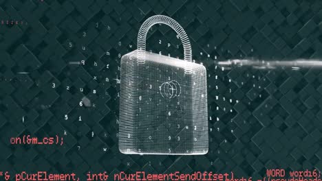 digital animation of security padlock icon and data processing against textured black background