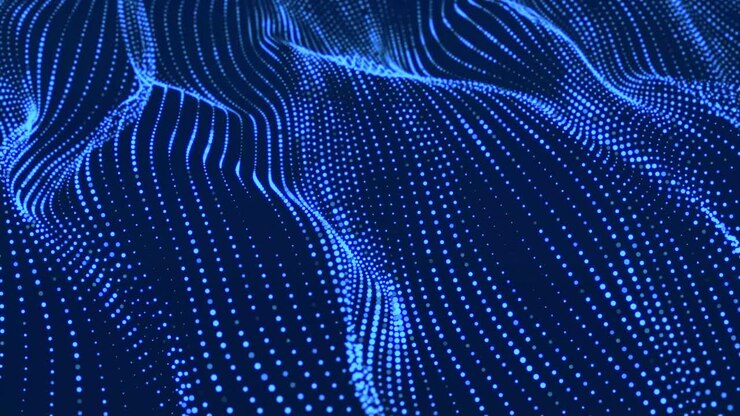 Dynamic wave with many dots. Abstract motion background of colored dots. Technology or science. 3d rendering Seamless loop. 4K