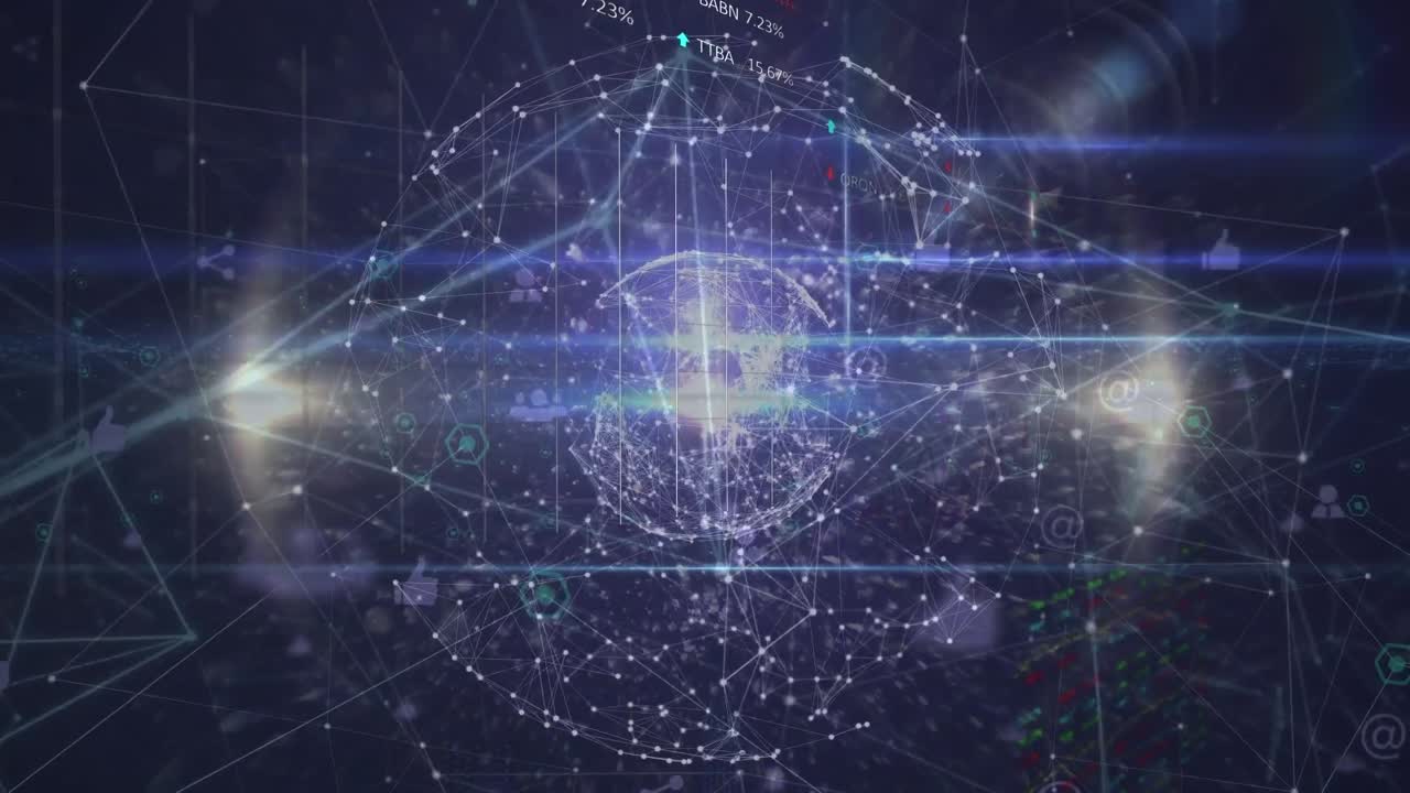 파란색 배경에 데이터 처리 및 연결 네트워크의 애니메이션