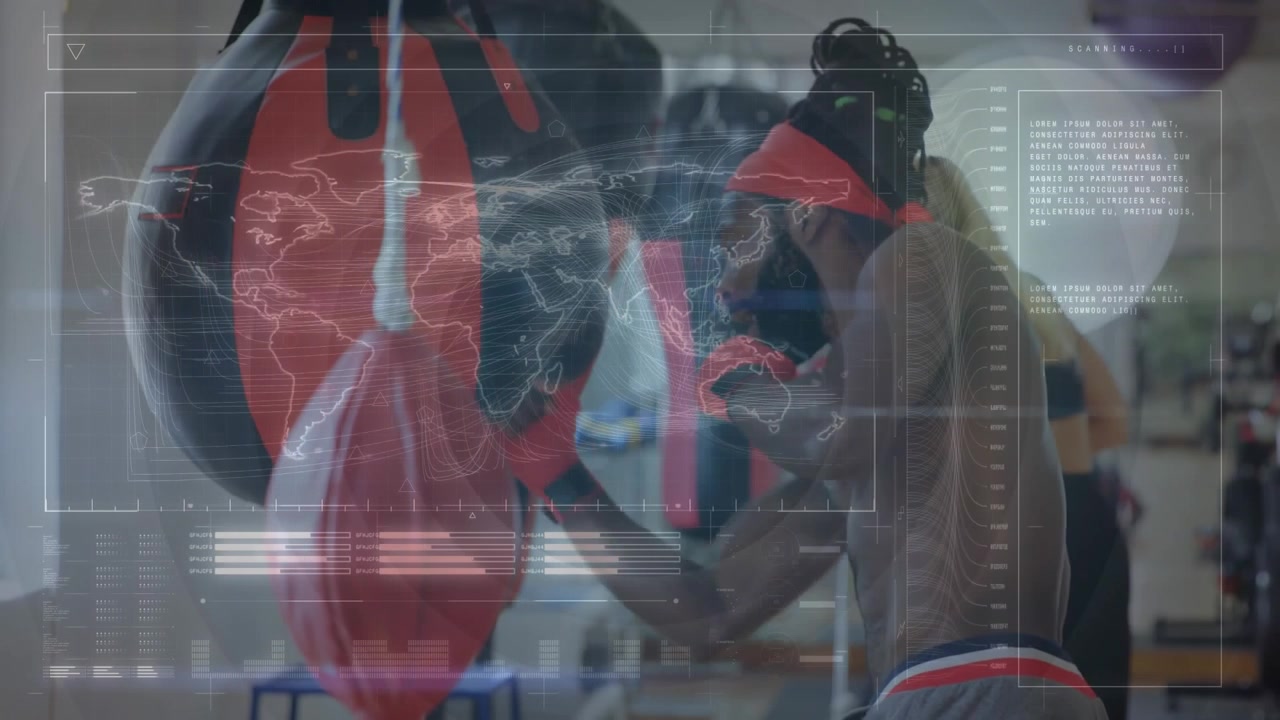 Animation of financial data processing over business people working in office