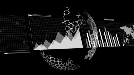 Animation of digital data processing and globe over black background