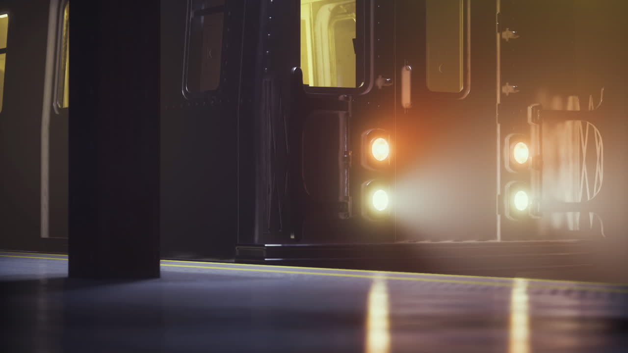 Train approaches platform in urban subway station during early morning hours