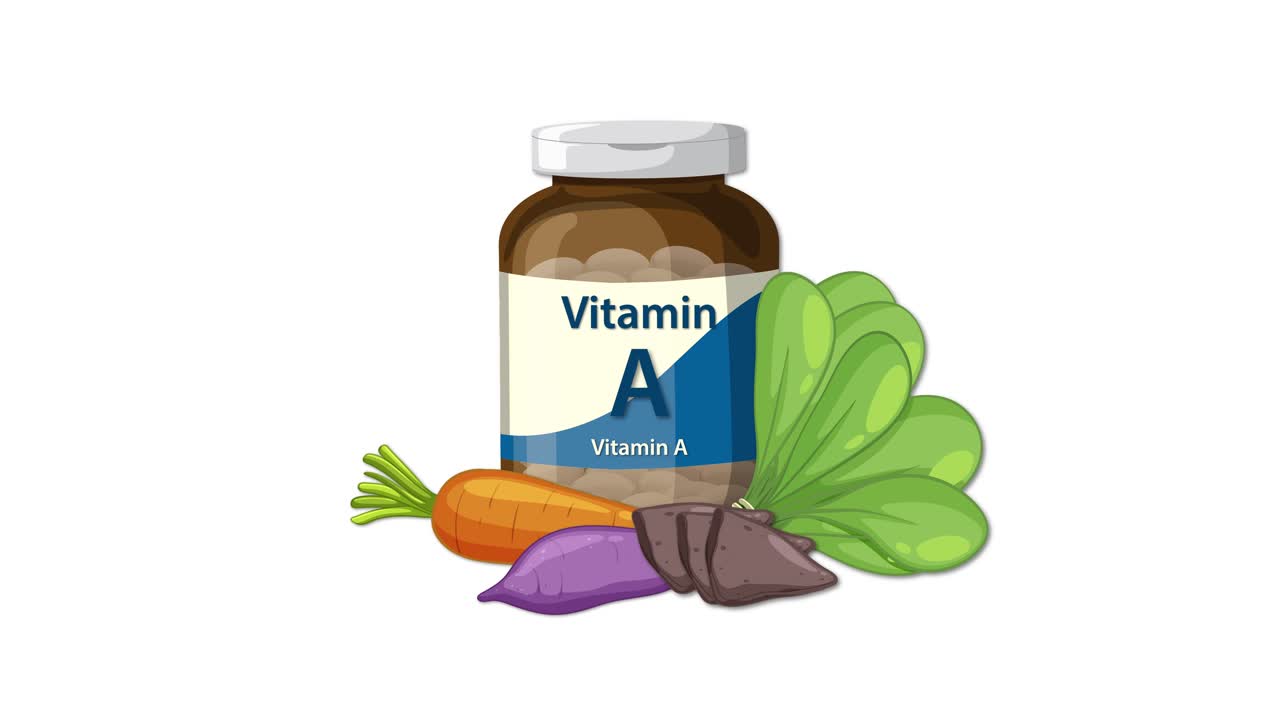 Vitamin A bottle animates with leafy greens, carrots, and beets on clean white background