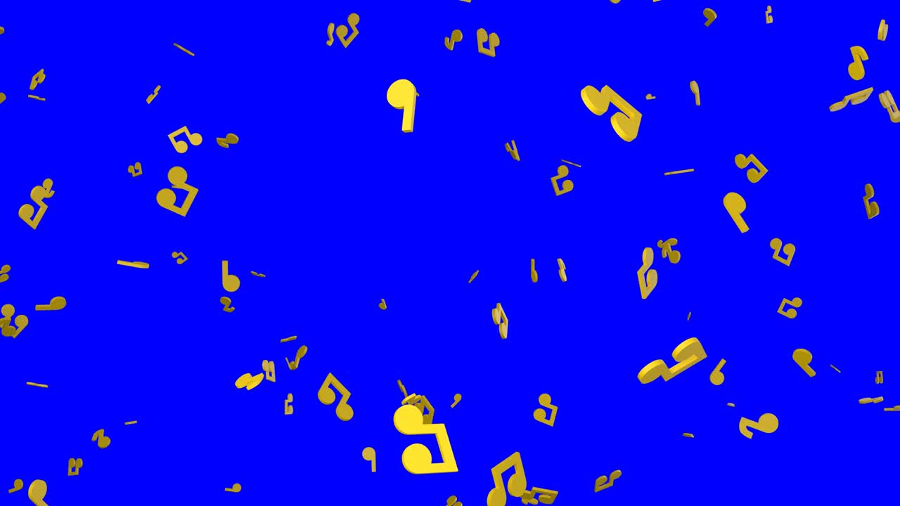 Flying yellow musical notes on blue chroma key background.