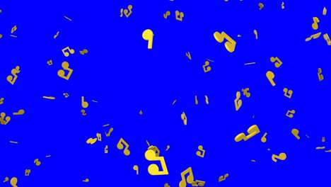 flying yellow musical notes on blue chroma key background.