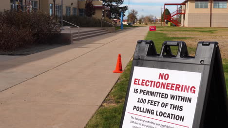 no electioneering is permitted within 100 feet of this polling location sign with in-person voting sign in background