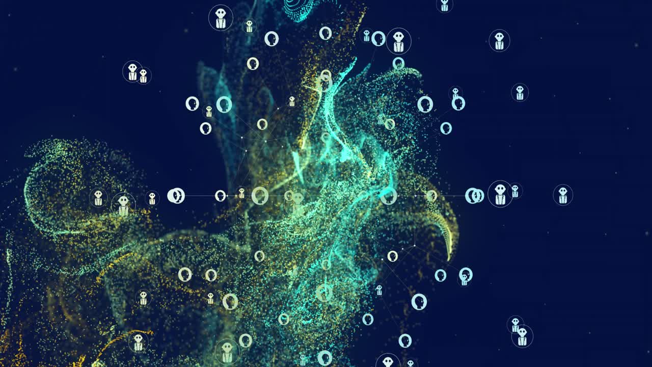 Animation of icons over dynamic wave pattern against black background
