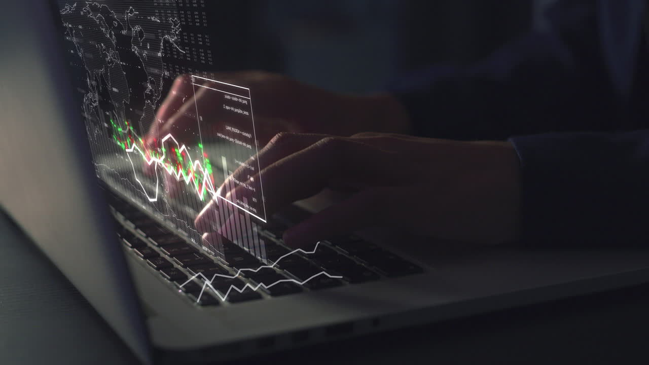 mujer, manos o computadora portátil para acciones futuristas