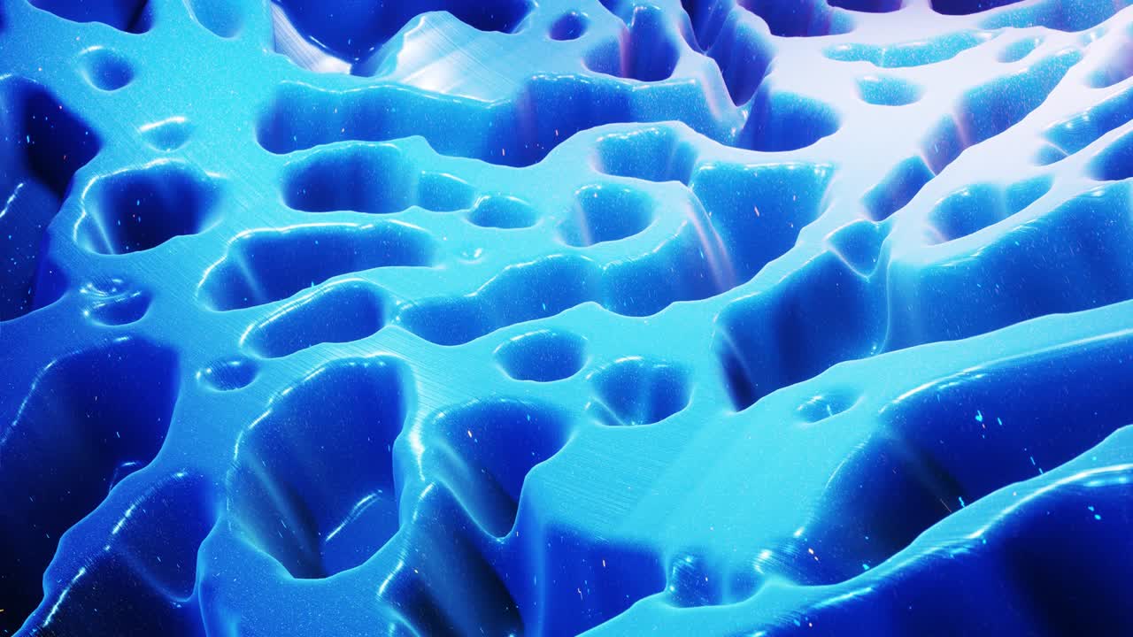 fantastical festive blue bg. Stylish abstract looped background, waves move on glossy surface like landscape made of liquid blue wax with sparkles. Beautiful soft background with smooth animation 4k