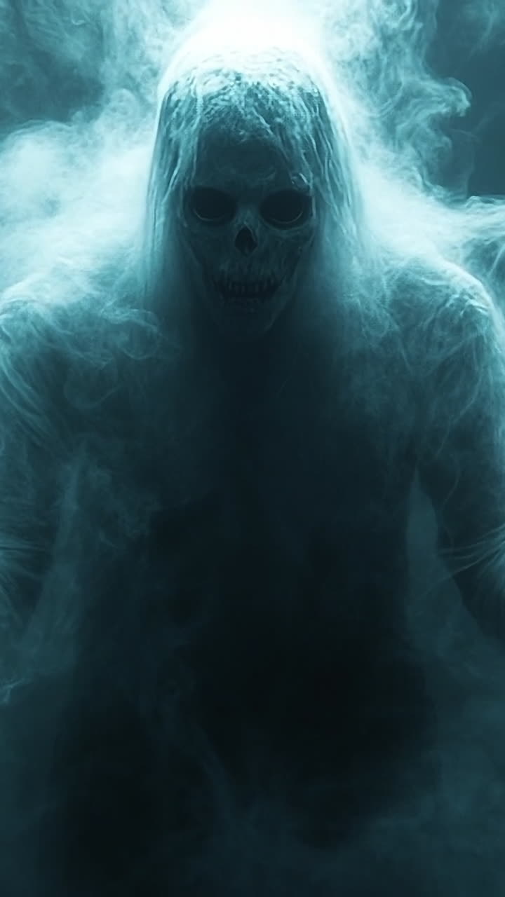 Mysterious figure in smoky atmosphere. A shadowy figure with a skull-like face emerges from fog, creating an eerie and unsettling atmosphere in dim light.