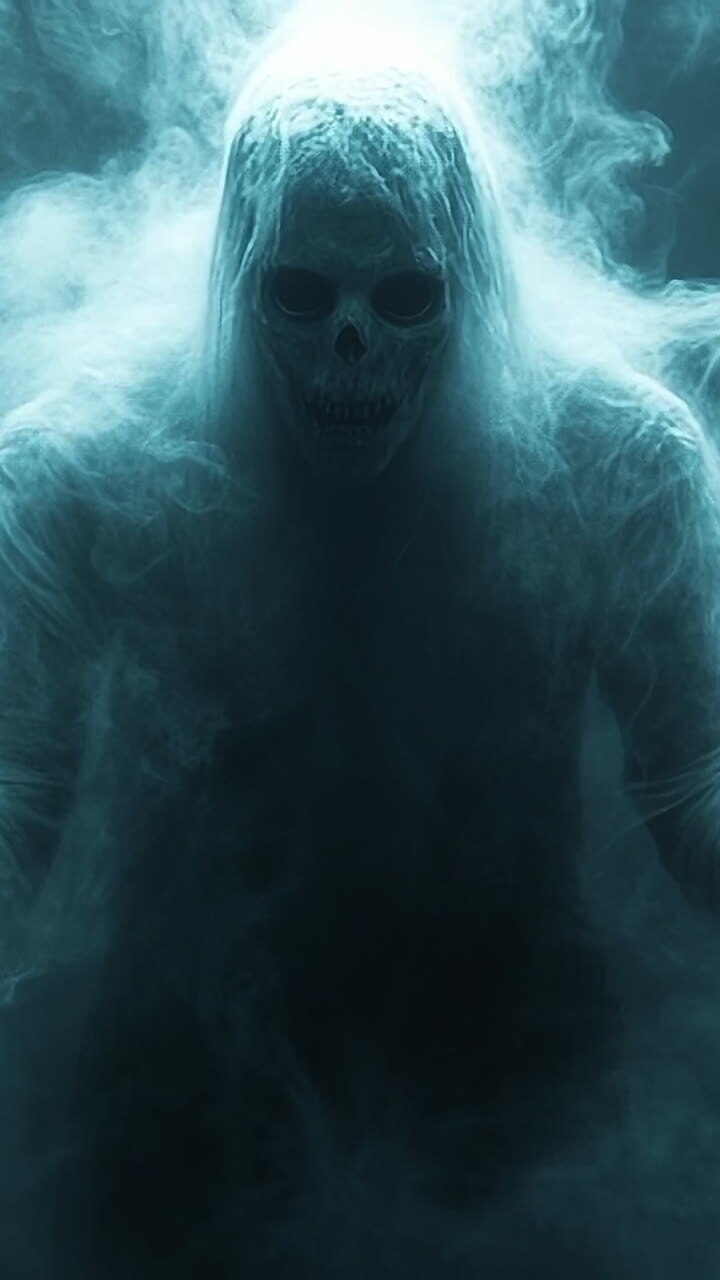 Figura misteriosa in atmosfera fumosa. Una figura oscura con un volto simile a un teschio emerge dalla nebbia, creando un'atmosfera inquietante e perturbante nella penombra.