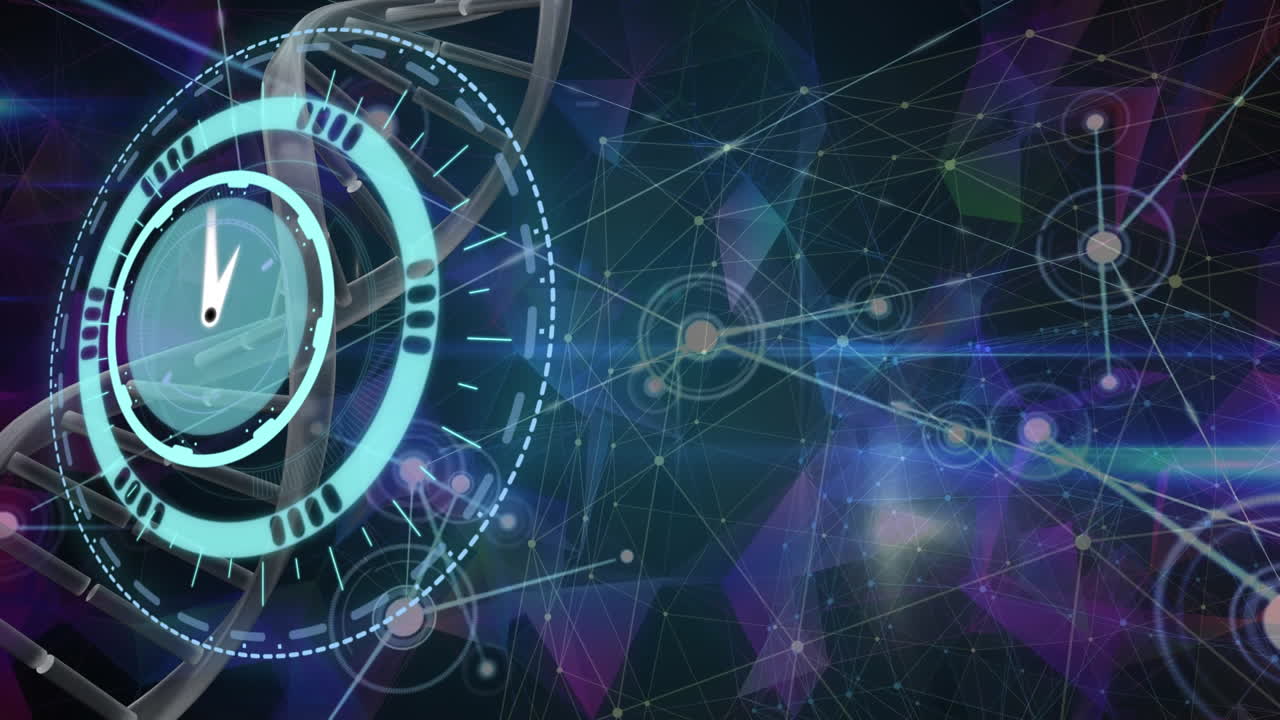 animación de reloj en movimiento y escaneo de alcance sobre una red de conexiones sobre fondo negro