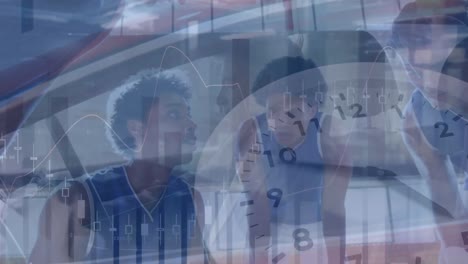 animación del procesamiento de datos financieros y reloj sobre diversos jugadores de baloncesto