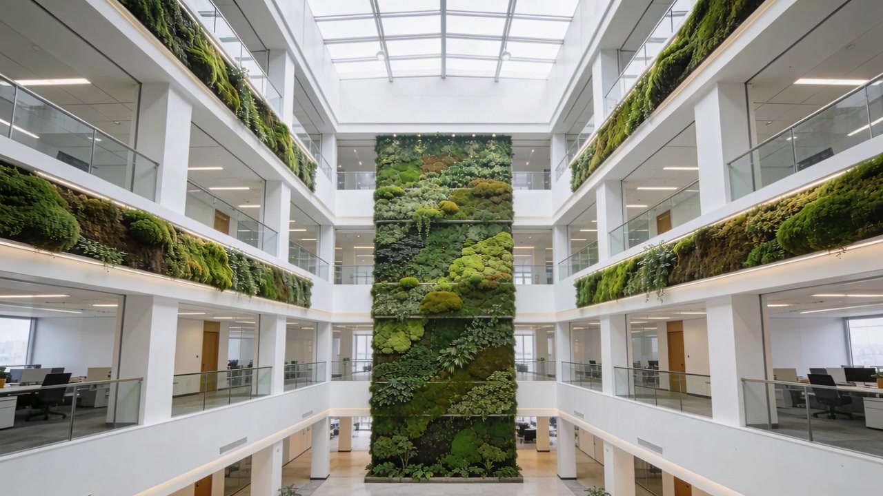 La cámara avanza revelando una pared verde vertical en un atrio corporativo, con un tragaluz.