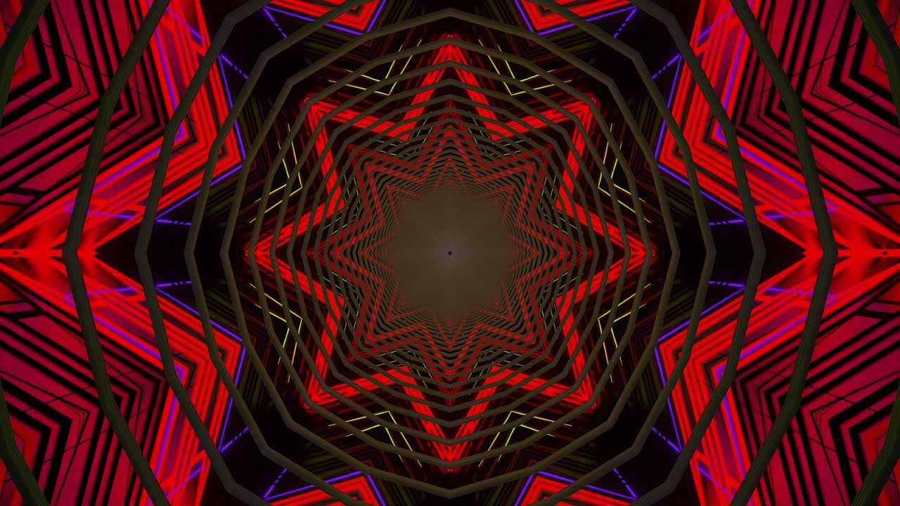 A dynamic abstract screensaver features a kaleidoscopic design with intertwining red and gold patterns. The visuals continuously loop, creating an engaging and immersive experience
