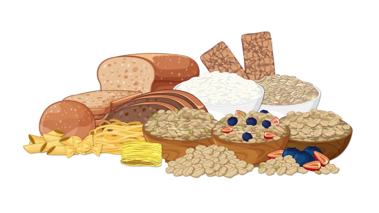 A digital animation of various grains, breads, and cereals arranged together, with minimal movement and consistent lighting, presented in a flat illustration style