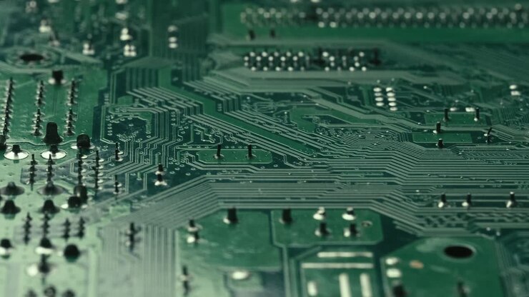 Extreme Close up motion view Green circuit board, semiconductor pins, rack focus