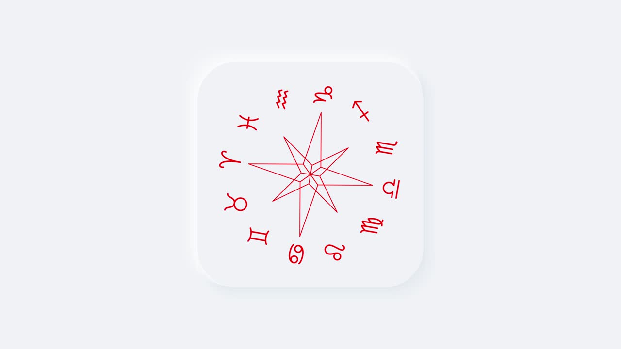 Segni zodiacali su un pulsante neumorfico bianco. Animazione di forme in rotazione. Figura sagomata in stile 3D morbido e di tendenza. Simboli pittogrammi astrologici
