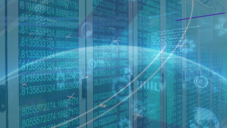 Animation of financial data processing over globe and blue background
