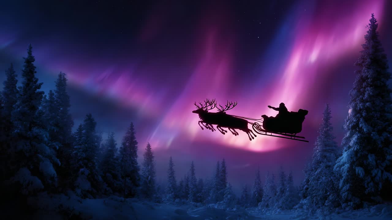 A Magical Journey Through the Night Sky: A Sleigh Gliding Through the Enchanting Auroras as Stars Shine Bright Amidst the Tree-Laden Landscape, Creating a Spectacle of Wonder and Joy