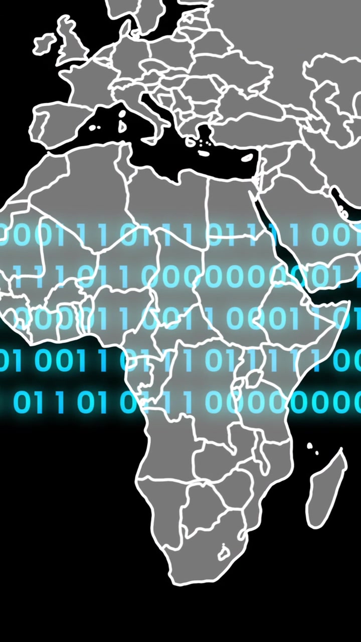 Animation of binary coding, world map and data processing over black background