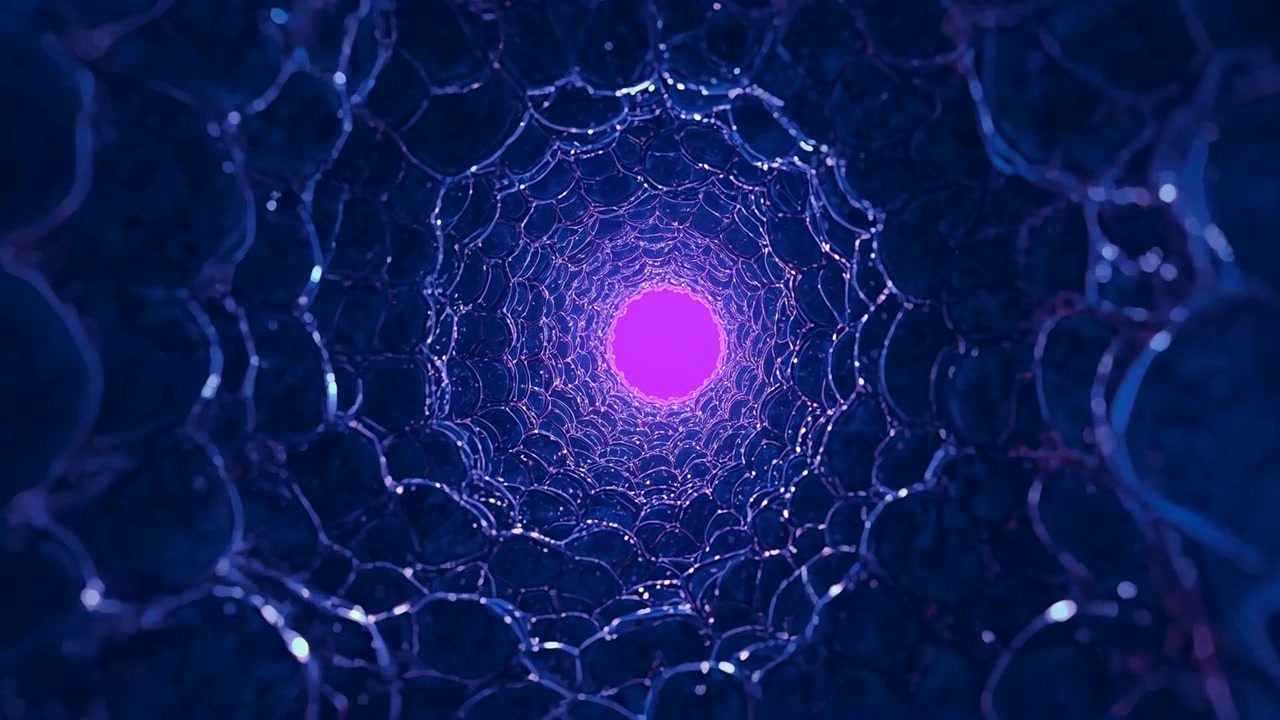 Avvio della riproduzione, un tunnel a nido d'ape avanza verso un nucleo magenta in 3D, rivelando gli strati interni.
