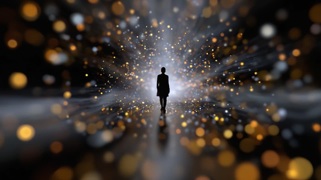A Mystical Journey Through a Shimmering Gateway of Light and Color, Highlighting a Silhouetted Figure in an Enchanting Embrace of Cosmic Wonder