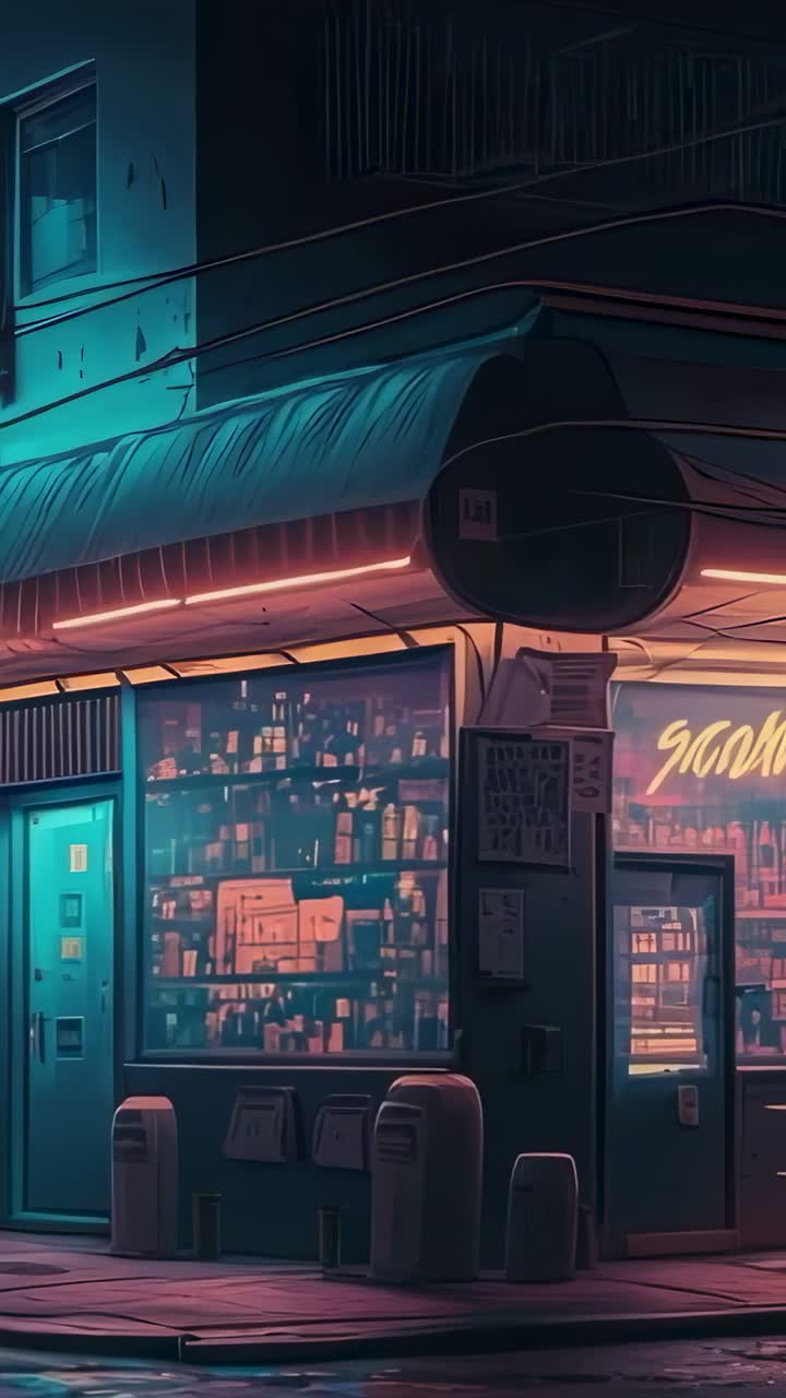 Video verticale: insegne al neon tremolanti che illuminano la vetrina di un negozio di notte, rivelando l'allestimento della vetrina