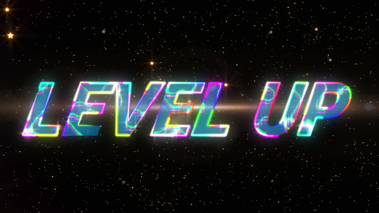 animación de texto brillante de nivel sobre las estrellas en el cielo nocturno