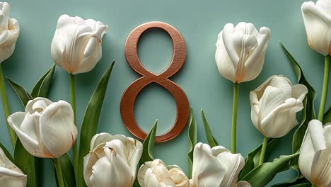 international women's day with white tulips and number 8