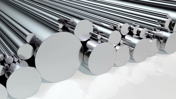 Stack of steel round bars, loop animation. 3D rendering
