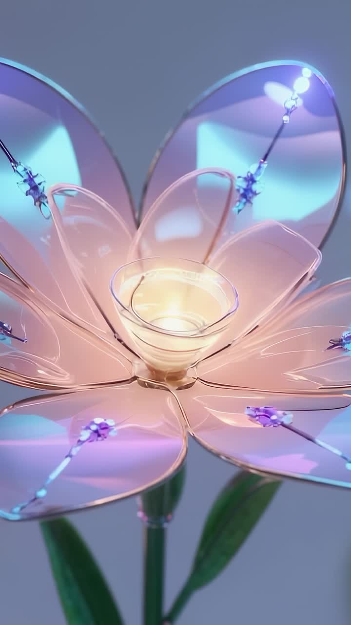 Vertical video: Pulsing glass flower vessel emitting pastel hues on stem with leaves in studio