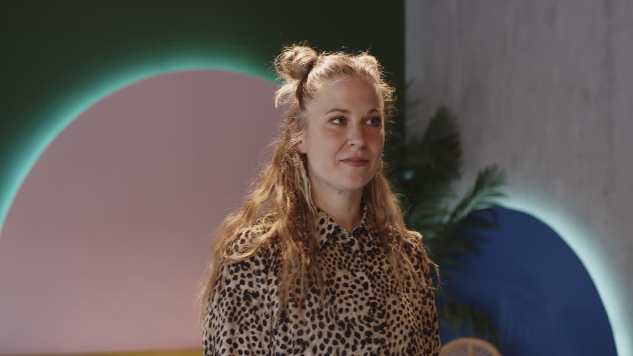 Woman in a leopard print shirt