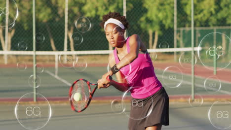 woman swinging racket on outdoor tennis court, with animated speed lines and health infographic