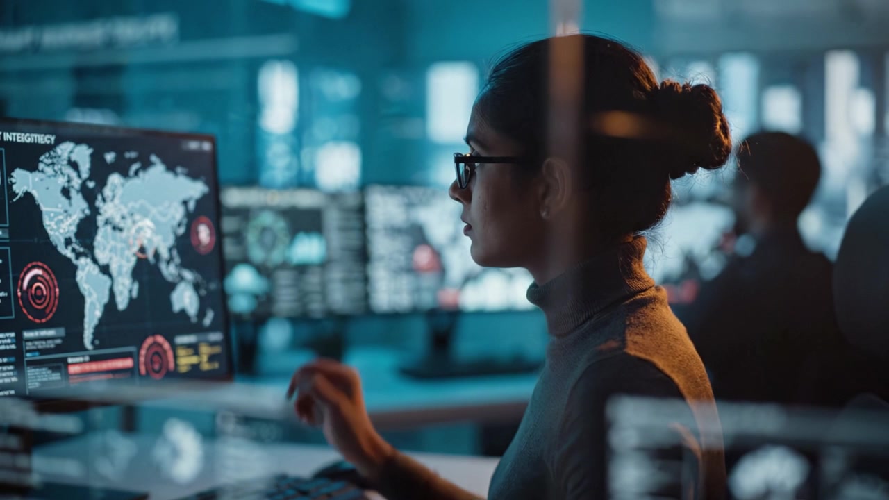 Focused Professional Analyzing Global Cybersecurity Threats on Dual Monitors in a High-Tech Command Center, Symbolizing Modern Digital Warfare and Defense Strategies