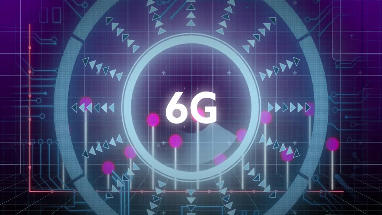 데이터 처리 및 마이크로 프로세서 연결에 대항하여 둥근 스캐너를 통해 6g 텍스트의 애니메이션