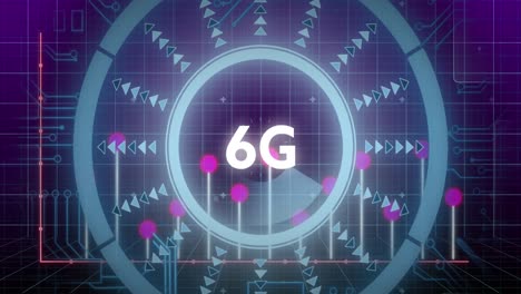 Animation-of-6g-text-over-round-scanner-against-data-processing-and-microprocessor-connections