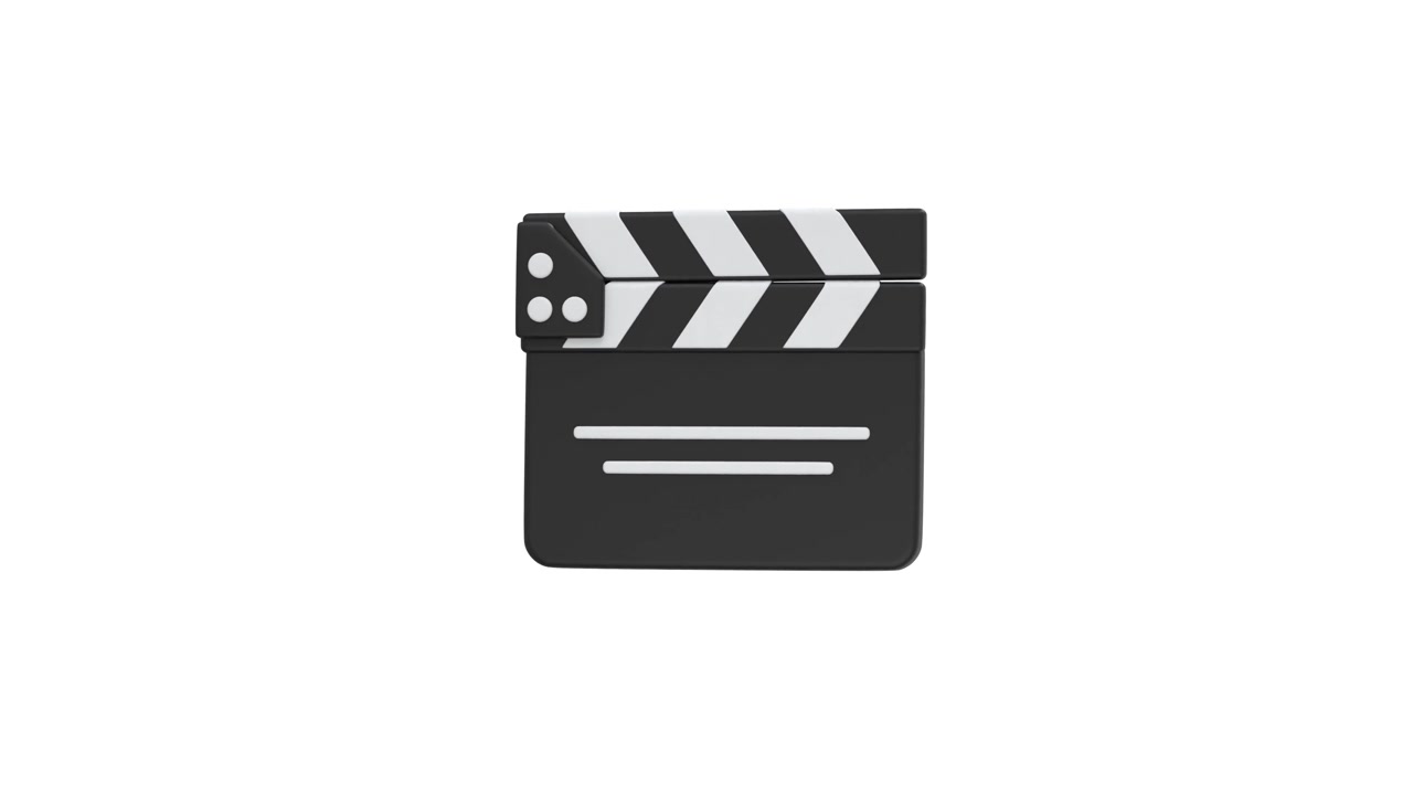 3D-animierte Filmklappe, die sich auf weißem Hintergrund dreht