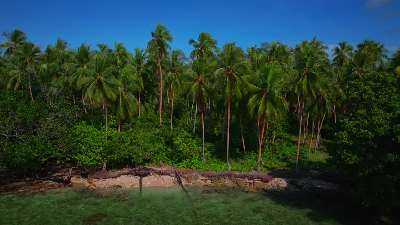 Wewak, Región Sepik, Madang, dron aéreo, Papúa Nueva Guinea, PNG, Papúa Niugini, cielo azul soleado, costa virgen, palmeras, arrecife de coral, olas, Isla Yuo Musho, Playa Boram Meni, Mar de Bismarck y Salomón a la izquierda